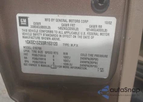 2003 GMC Yukon Slt z USA, uszkodzony, nr VIN 1GKEC13Z93R163120